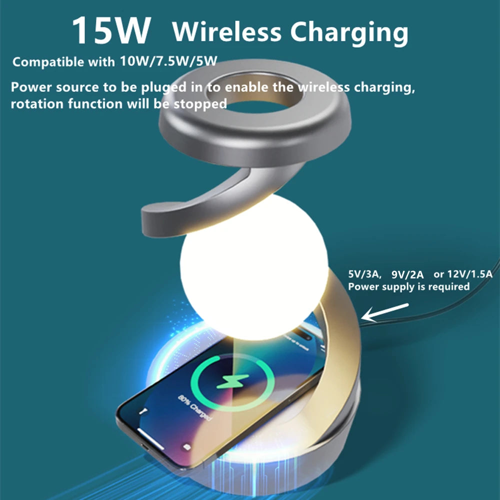 Creative Table Rotating Floating Lamp &15W Wireless Charger